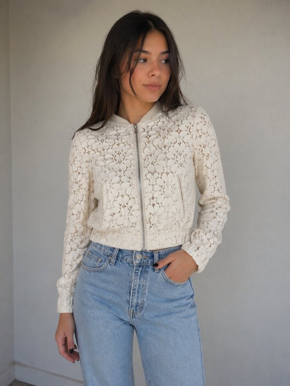 ZARA Cropped Lace Bomber Jacket – Ivory XS 57% cotton